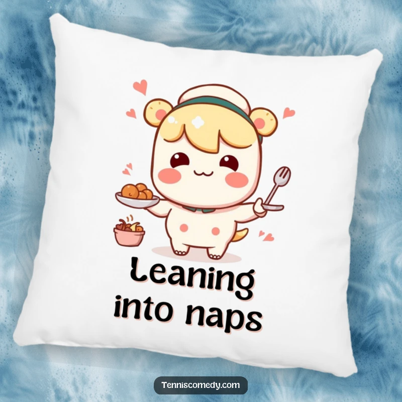 Funny Kawaii character pillow depicting a comical, wobbly serving motion, adding comfort and humor to any space.