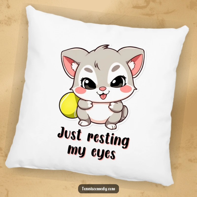 Funny pillow with a mischievous cartoon character hiding a tennis ball behind its back, soft and humorous decorative item.