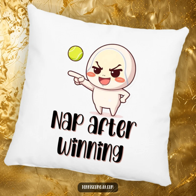Funny pillow, character with mischievous grin pointing at tennis ball, soft, playful accent, comfort, perfect for tennis lovers.