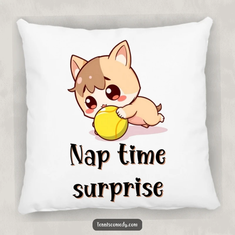 Funny decorative pillow with a kawaii tennis player tripping over a tennis ball, looking surprised and cozy.