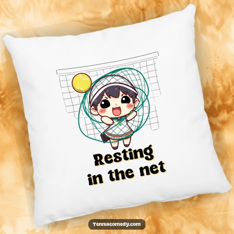 Funny tennis pillow showing a character comically tangled in a tennis net, plush and humorous home decor.
