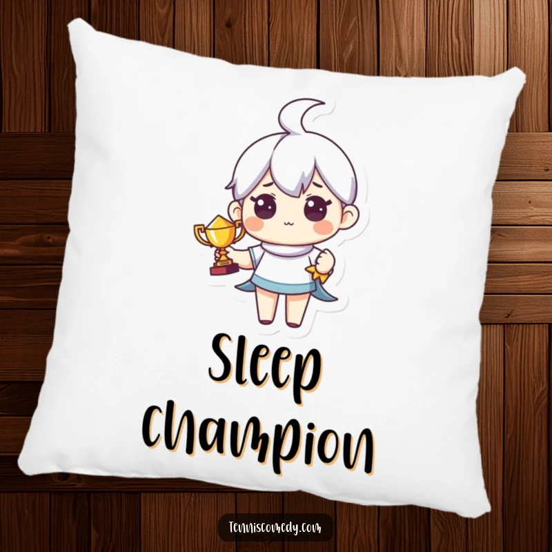 Funny pillow with a cute character holding a tiny trophy with pride. Cozy and humorous decor.