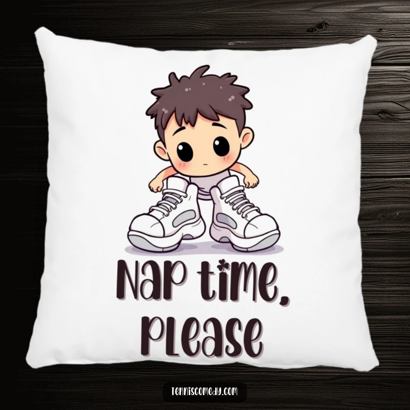 Funny pillow featuring a Staffordshire character comically stumbling on a tennis court due to oversized shoes, offering soft, humorous comfort.