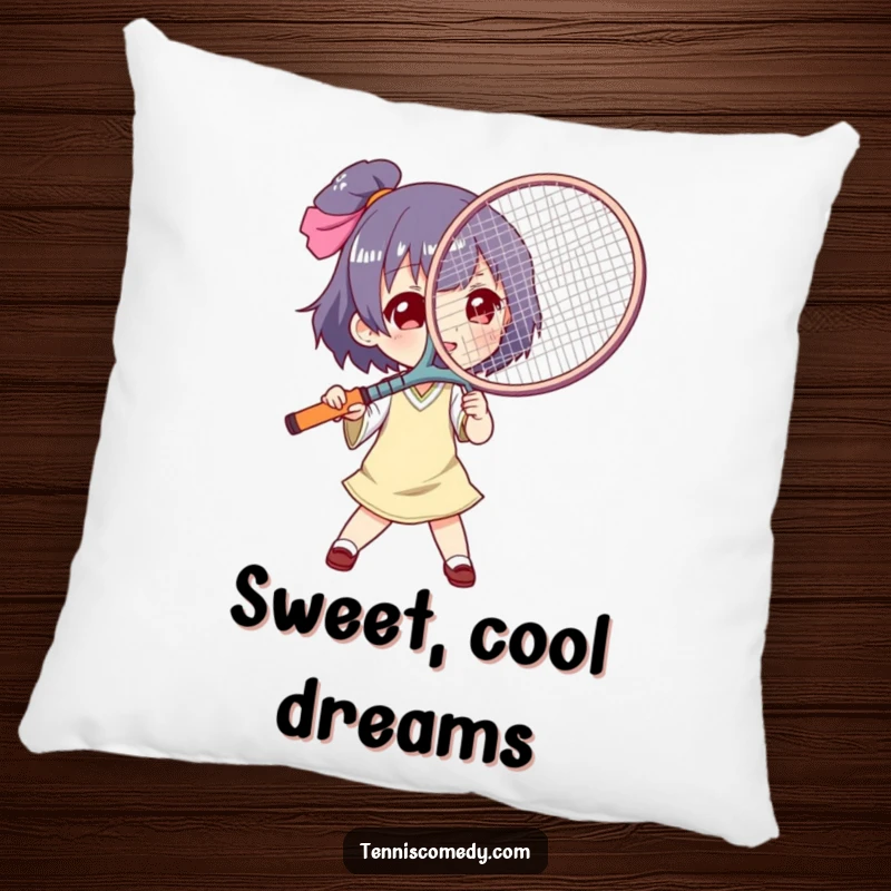 Funny tennis racket fan pillow, plush cushion, showing a character using a tennis racket as a fan, comfortable and humorous.