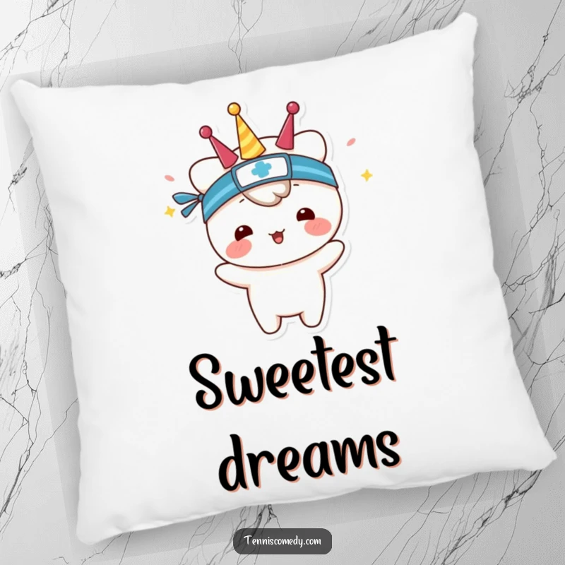 Funny decorative pillow with a kawaii tennis player in a sweatband, celebrating a victory in cozy style.