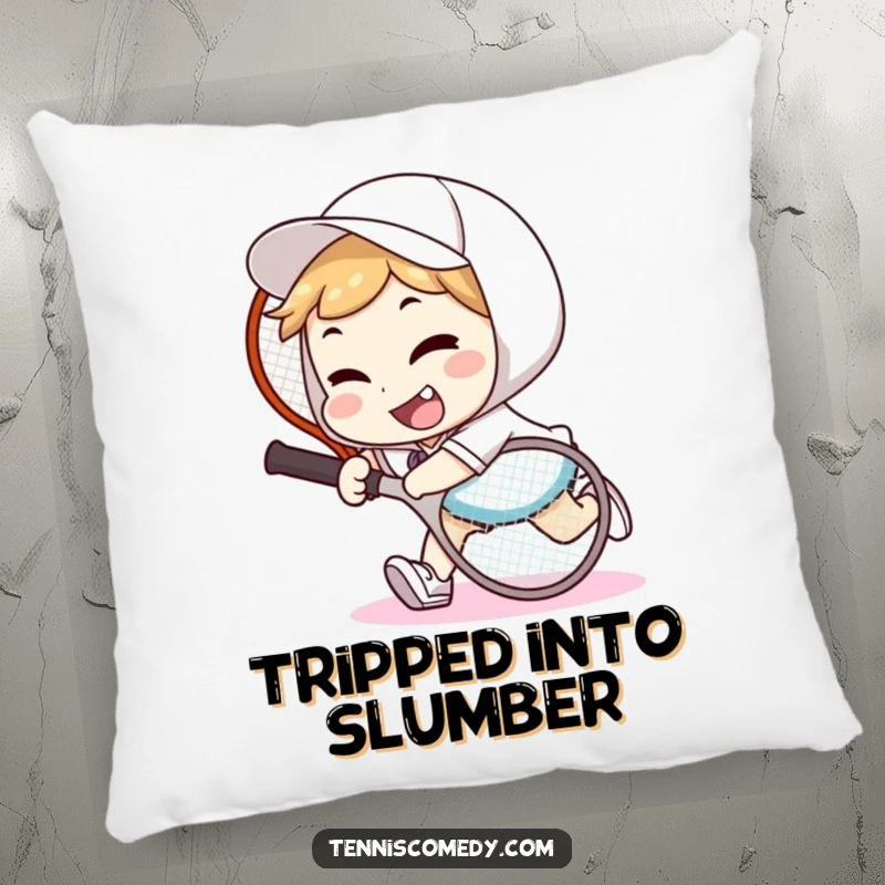 Funny tennis tripper pillow featuring a character tripping over a tennis racket with a goofy smile, adding comfort and humor.