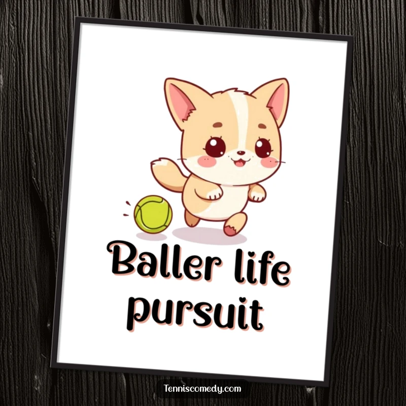 Funny Kawaii Tennis Chase Digital Art: Lively kawaii character playfully chasing a tennis ball, perfect for immediate whimsical decor.