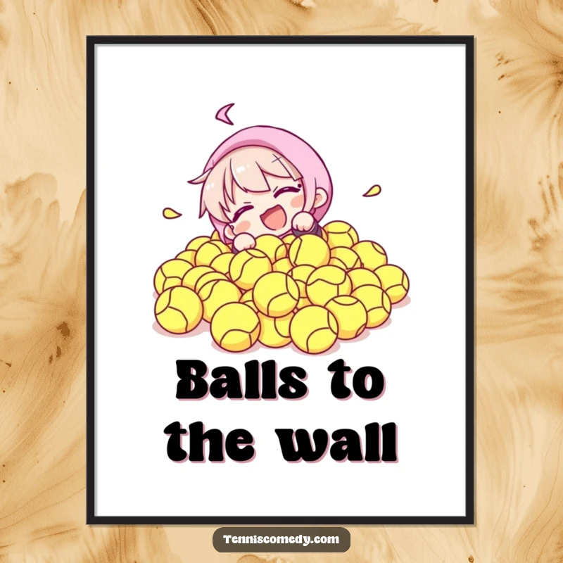 Funny digital art print of a character comically falling into a large pile of tennis balls, bringing energetic humor and playful vibes to any display.