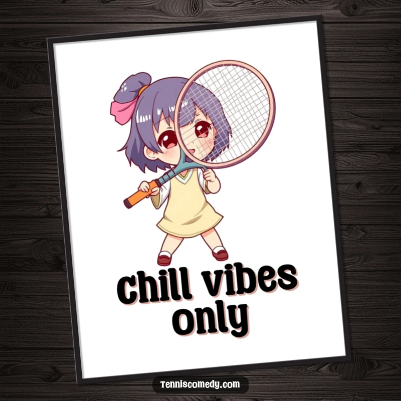 Funny tennis racket fan digital art print, high-resolution download, character using a tennis racket as a large fan, witty and artistic.