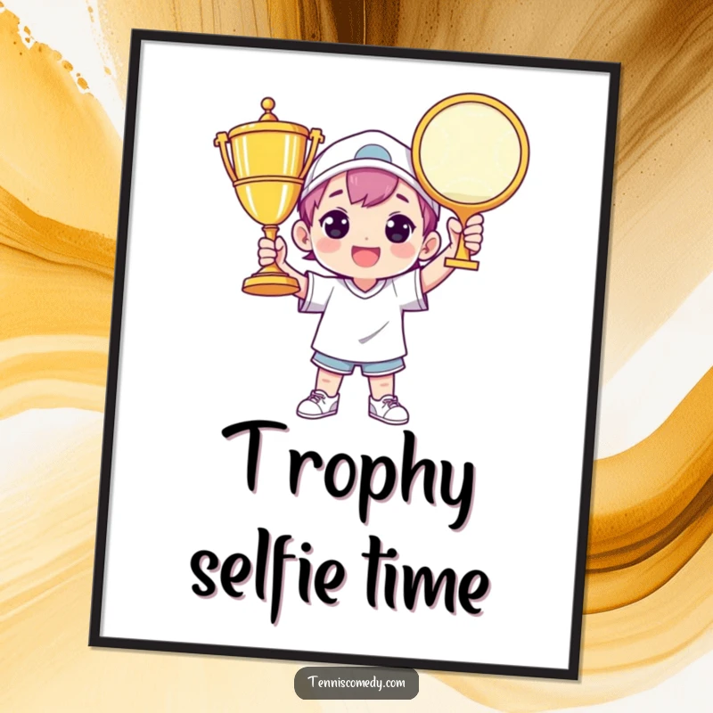 Funny tennis digital art print showing a character triumphantly holding a giant tennis trophy, printable wall art for victory.