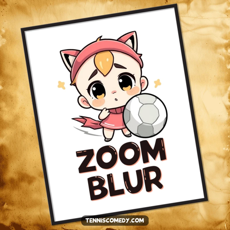 Funny digital art print of a cute character looking confused by a very fast tennis ball. Humorous wall art.