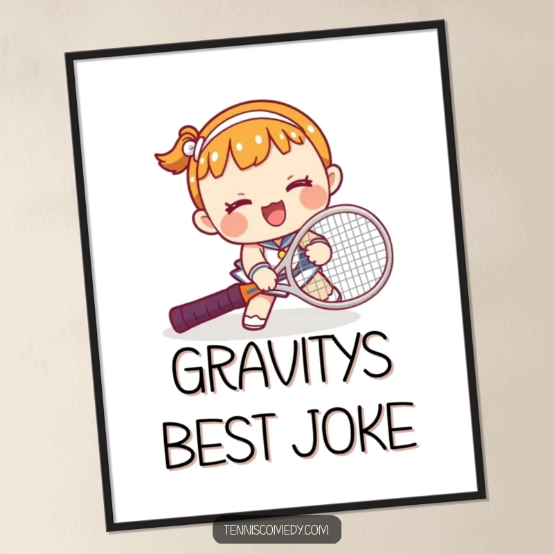 Funny Kawaii Tennis Trip Digital Art: Hilarious scene of a kawaii character tripping over a tennis racket, perfect for immediate humorous decor.