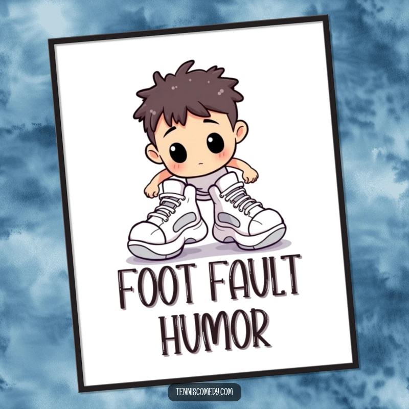 Funny digital art print of a Staffordshire character comically stumbling on a tennis court in oversized shoes, ideal for humorous decor.