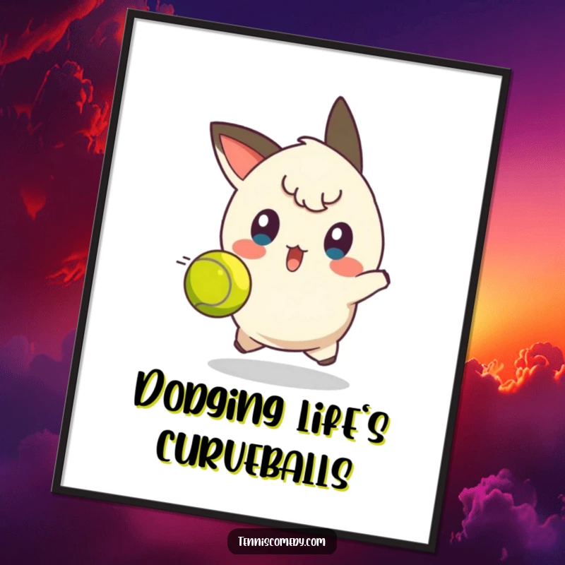 Funny tennis dodge digital art print of a character with a surprised expression, dodging a tennis ball, for instant humorous decor.