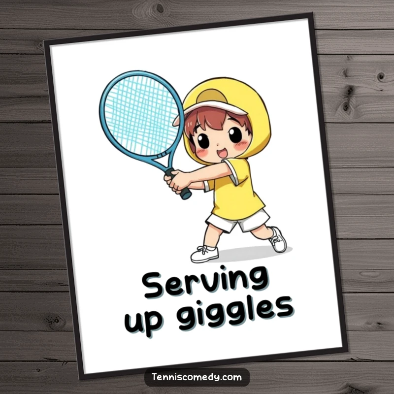 Funny digital art print of a character comically swinging a giant tennis racket, bringing energetic humor and a playful vibe to any digital display.