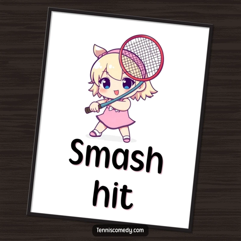 Funny digital art print of a cute character holding a tennis racket like a sword, adding playful humor to walls.