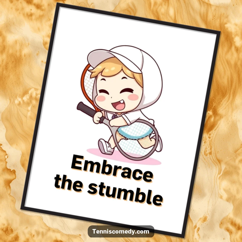 Funny tennis tripper digital art print of a character tripping over a tennis racket with a goofy smile, for instant humorous decor.