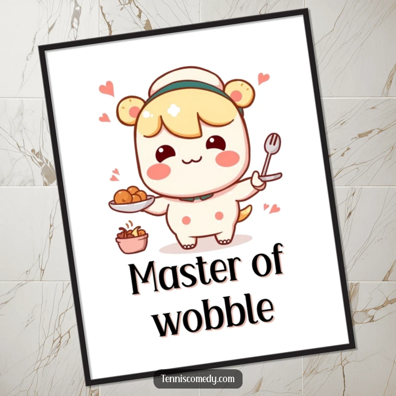 Funny Kawaii character digital art print depicting a comical, wobbly serving motion, ideal for whimsical decor.