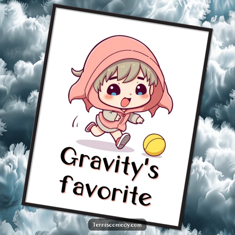 Funny digital art print of a cartoon tennis player comically tripping while chasing a tennis ball. Instant downloadable humor.