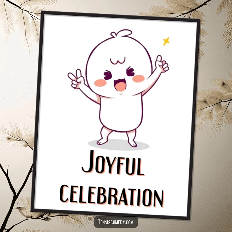 Funny downloadable digital art of a kawaii tennis character doing a silly, energetic victory dance.