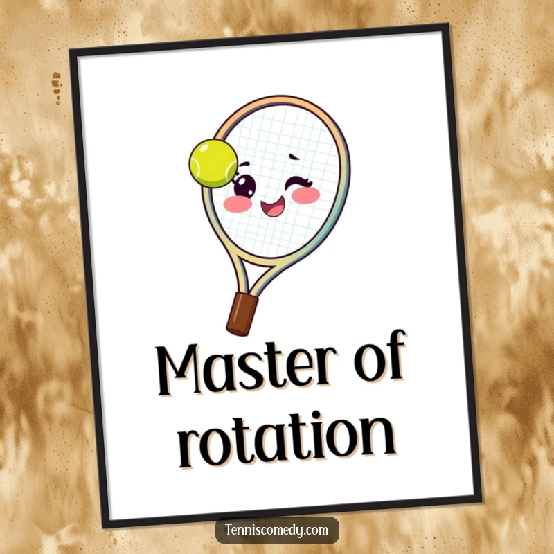 Funny tennis racket digital art of a happy racket spinning a tennis ball on its strings with a mischievous wink, full of sporty flair.