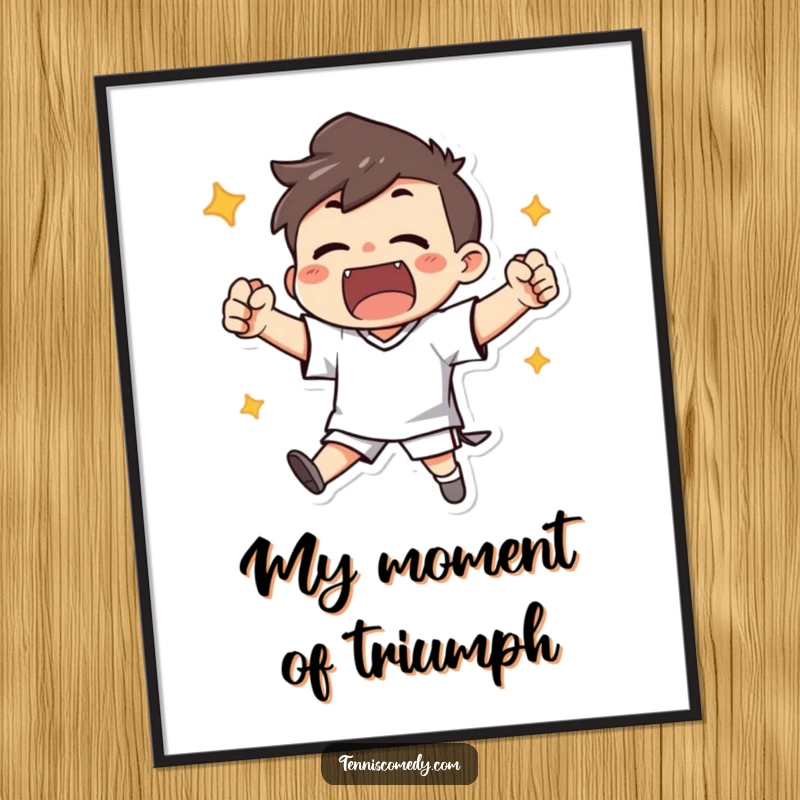 Funny digital art print of a character triumphantly cheering with clenched fists after scoring, instant downloadable celebration.