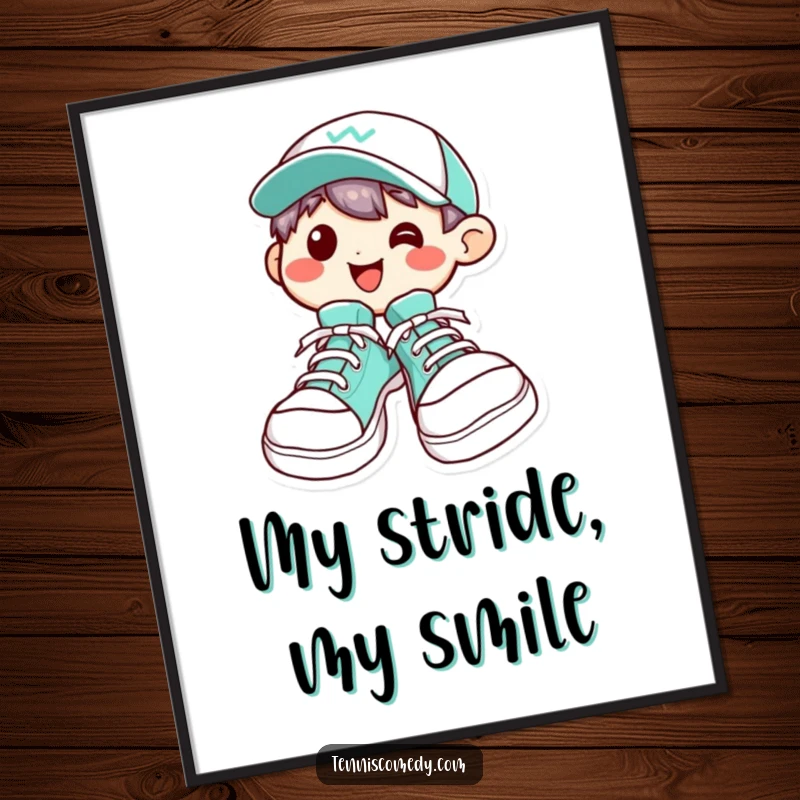 Funny Kawaii character digital art print showcasing oversized tennis shoes and a wide, happy grin, ideal for modern decor.