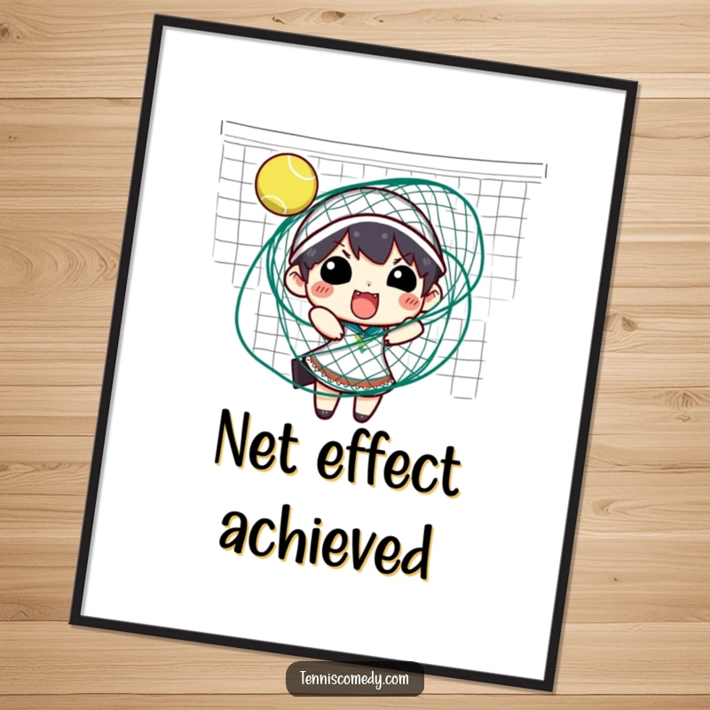 Funny tennis digital art print showing a character hilariously stuck in a tennis net, printable wall art for humor.