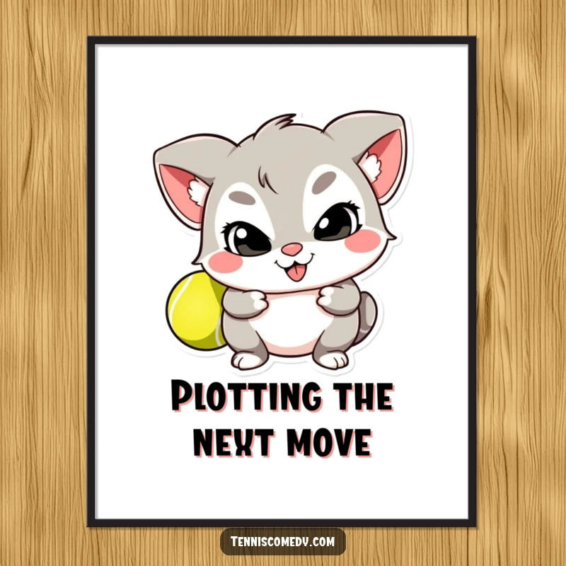 Funny digital art print of a mischievous character hiding a tennis ball behind its back, instant downloadable humor.