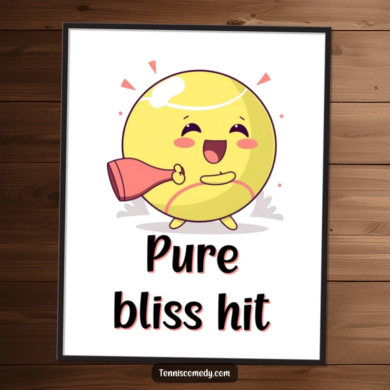 Funny downloadable digital art of a kawaii tennis character gleefully hitting a giant ball, perfect for joyful decor.