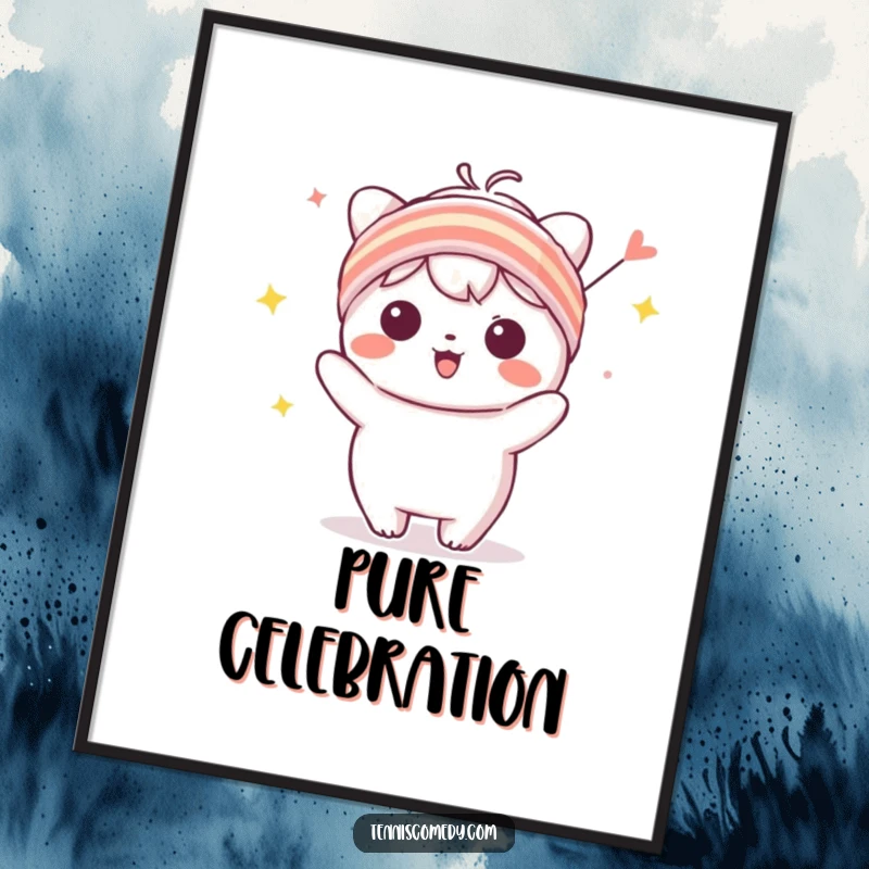Funny Kawaii character digital art print with a tiny sweatband, in a celebratory pose, perfect for instant decor and cheer.