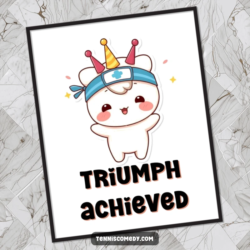 Funny downloadable digital art of a kawaii tennis player wearing a sweatband, celebrating a victory.