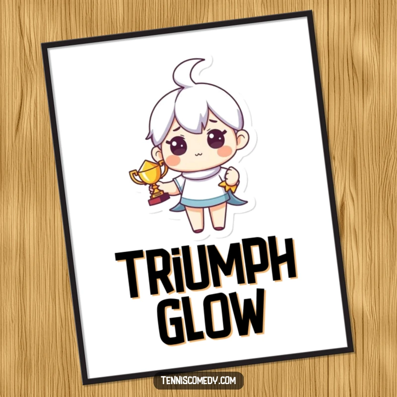 Funny digital art print of a cute character holding a tiny trophy with pride. Humorous wall art.