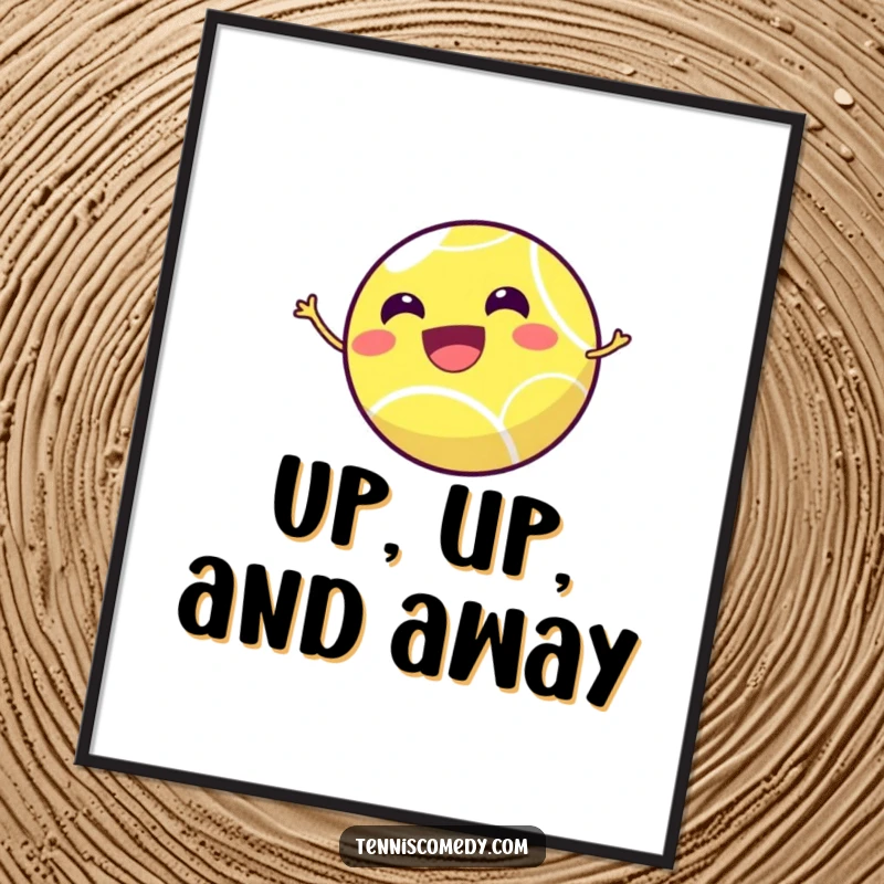 Funny tennis ball digital art of a tiny, smiling tennis ball joyfully bouncing high in the air, full of athletic cheer.