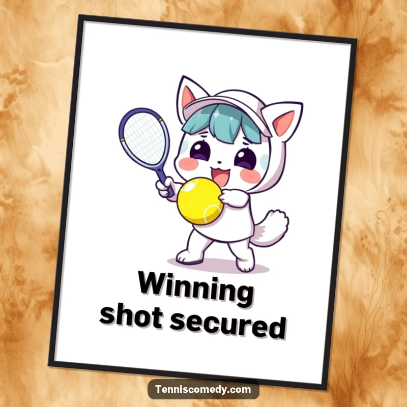 Funny Kawaii Tennis Digital Art: Lively kawaii character captured mid-swing, radiating athletic joy and humor, perfect for instant wall decor.