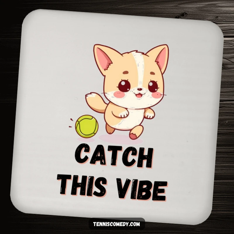 Funny Kawaii Tennis Ball Coaster: Comical kawaii character chasing a tennis ball, providing a protective and playful layer.