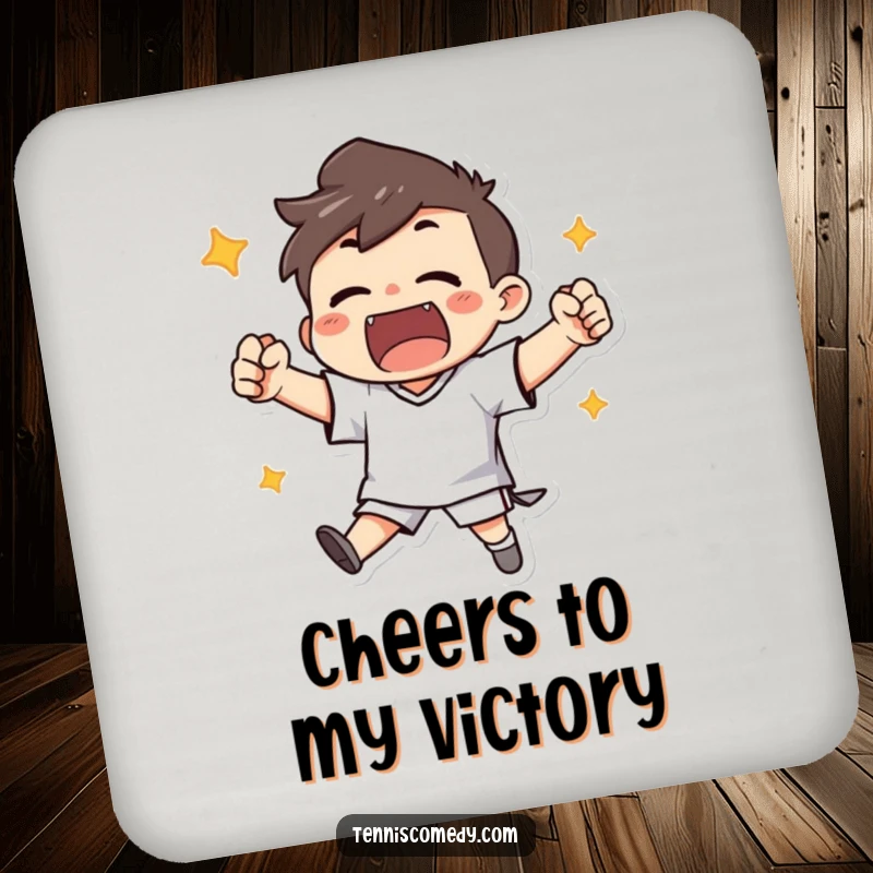 Funny drink coasters featuring a character enthusiastically cheering with clenched fists after scoring, celebrating success.