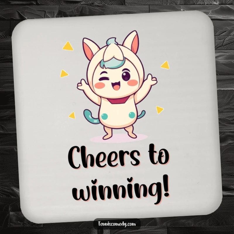 Funny drink coaster showcasing a small, happy kawaii character doing a silly victory dance, adding personality to your table.