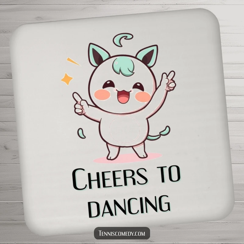 Funny Kawaii character coaster with a character comically celebrating a point with a silly dance, protecting surfaces with humor.