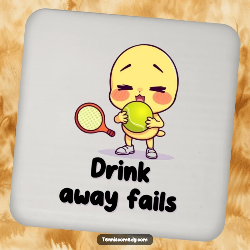 Funny drink coasters displaying a character comically failing to serve a tennis ball with a funny face, adding humorous protection and style as a gift.