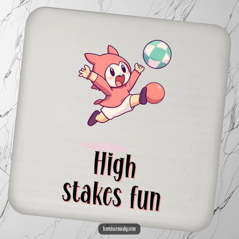 Funny coaster design: character leaping high to hit a bouncing ball. Protects surfaces with energy and humor.