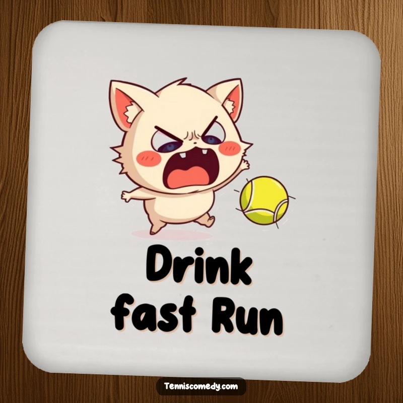 Funny drink coaster featuring a scared Staffordshire character recoiling from a fast-moving tennis ball, adding sports humor.