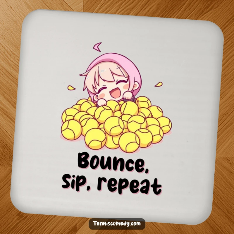 Funny drink coaster featuring a character comically tumbling into a pile of tennis balls, protecting surfaces while adding a humorous touch.