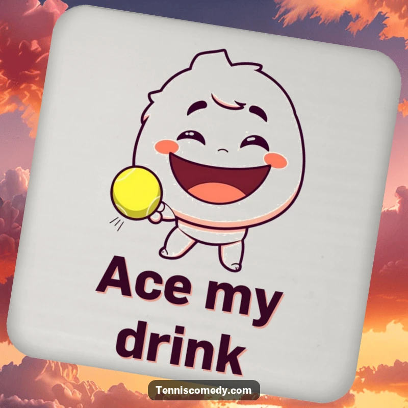 Funny drink coaster with a character smirking playfully, hitting a tennis ball towards a huge smile, a humorous protective addition.