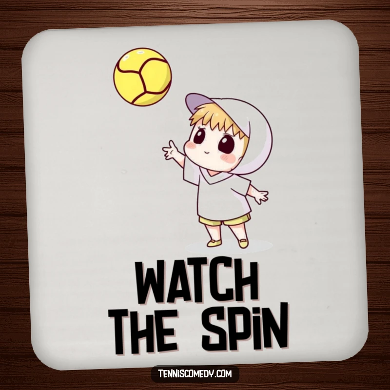 Funny coaster set showing a cartoon tennis player tossing a tennis ball high and watching its spin. Humorous drink protection.