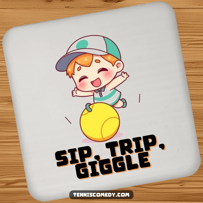 Funny cartoon character drink coaster tripping over a tennis ball, humorous table protection, great for parties, ideal funny gift.