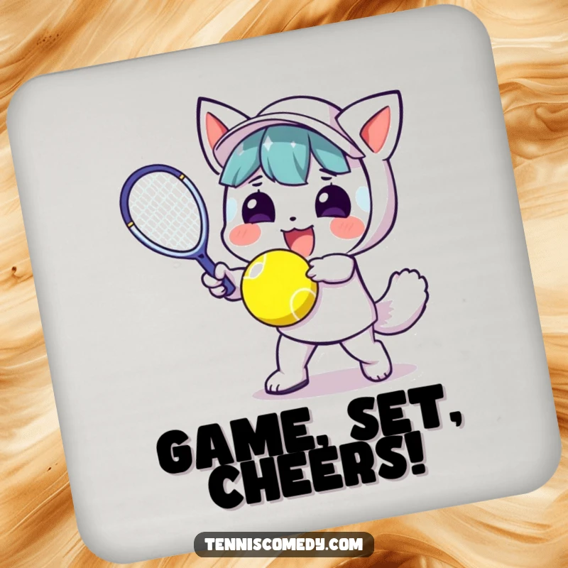 Funny Kawaii Tennis Coaster: A kawaii character enthusiastically plays tennis, adding a protective and humorous touch to your tabletop.
