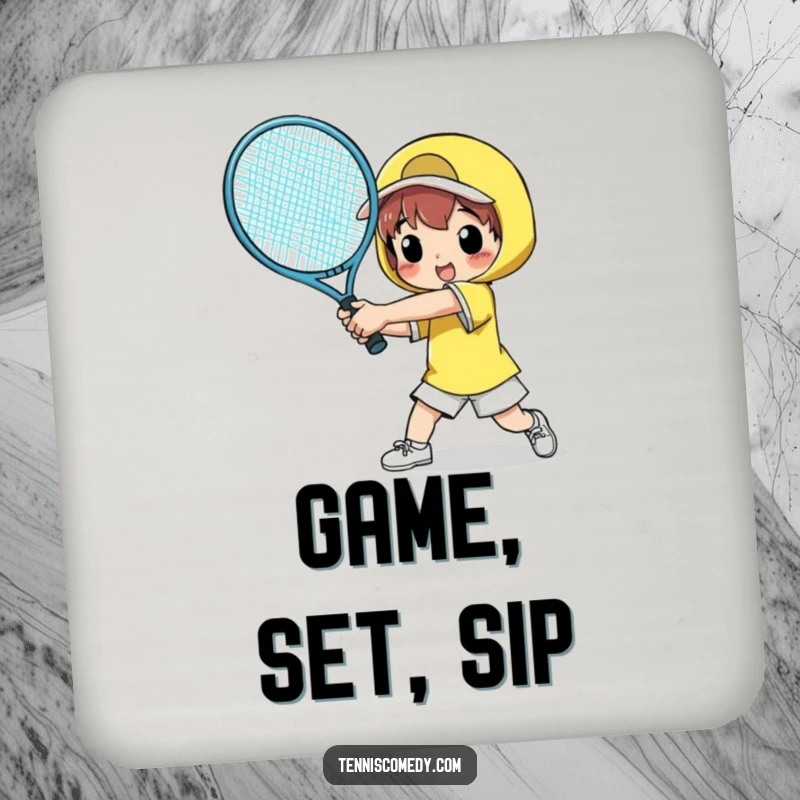 Funny drink coaster featuring a character comically swinging a giant tennis racket, protecting surfaces while adding a humorous touch.