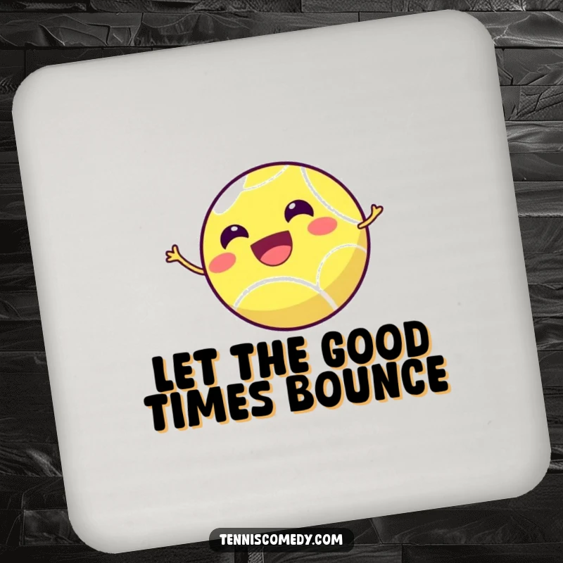 Funny tennis ball coaster featuring a tiny, smiling tennis ball joyfully bouncing high, adding a playful touch to any table.