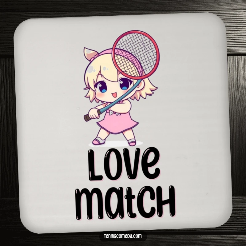 Funny drink coaster featuring a cute character holding a tennis racket like a sword. Humorous and protective tabletop accessory.
